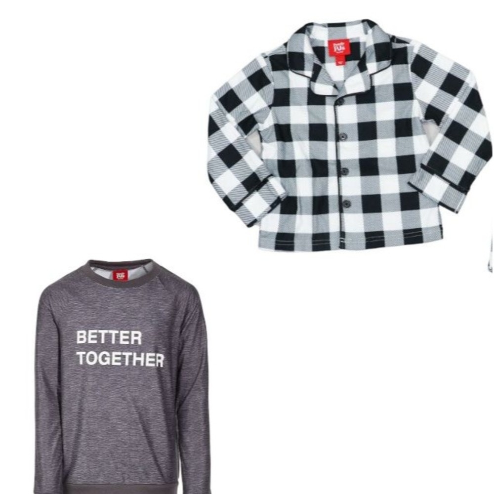 Family PJs Kids 2 Pajama Tops Checkered + Better Together Black/White/Gry XS 4-5
